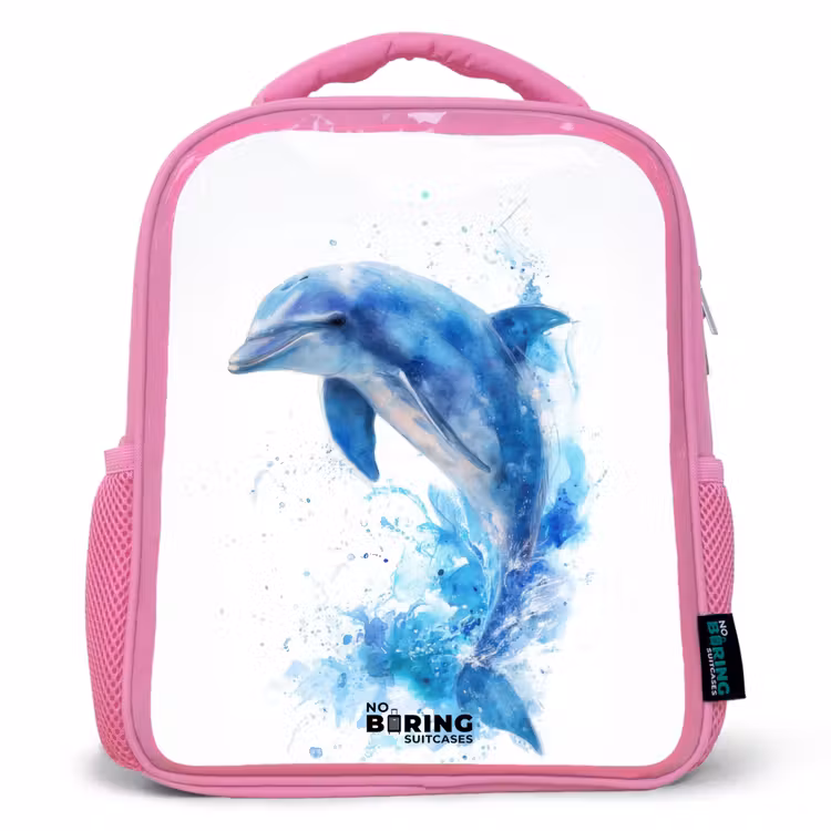 Kinderrugzak met naam - Roze - Springende blauwe dolfijn — 1