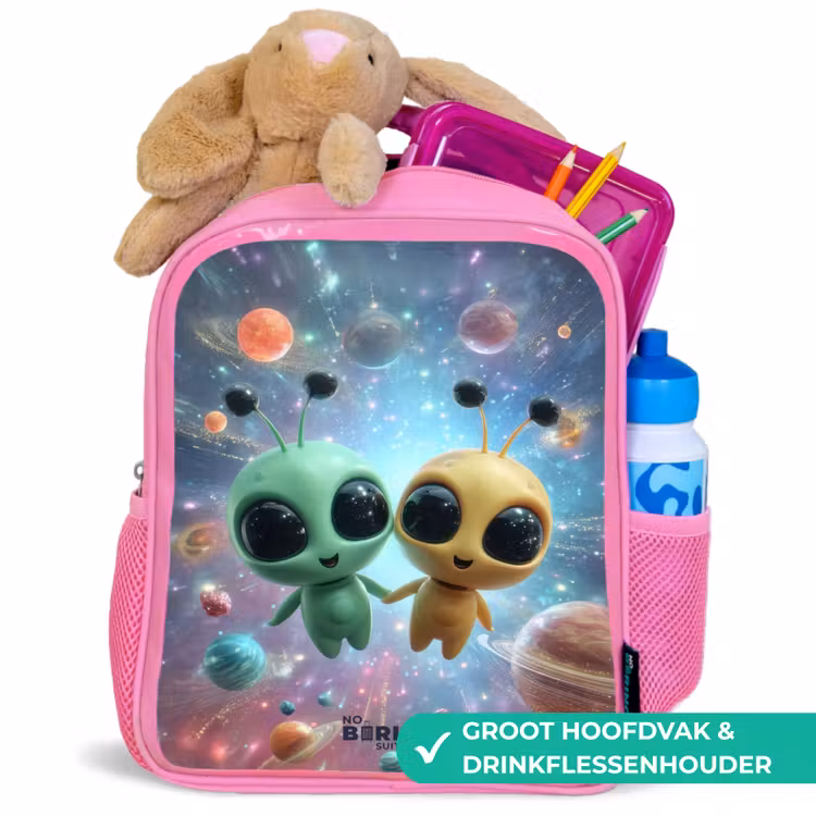 Kinderrugzak met naam - Roze - Vrolijke buitenaardse vrienden — 2
