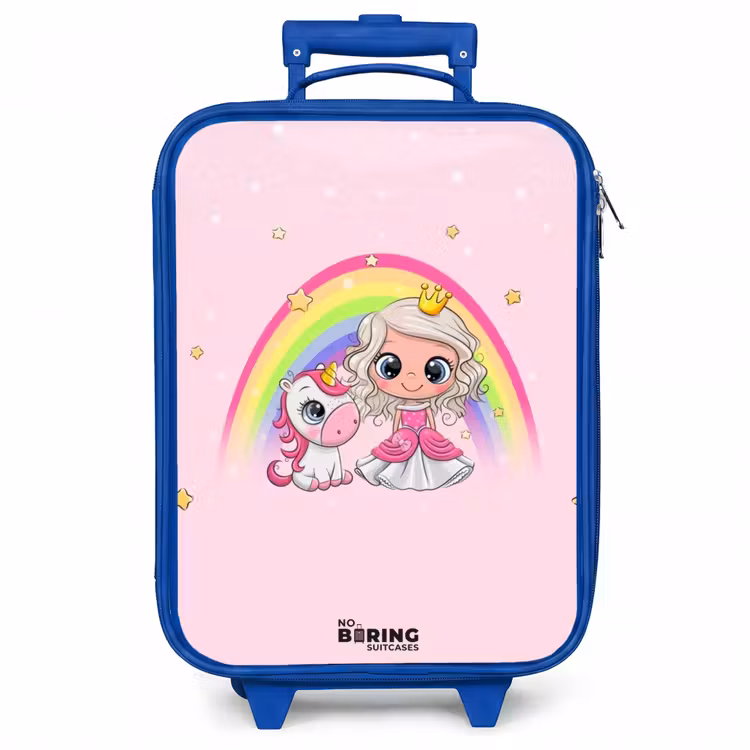 Kinderkoffer - Blauw - Prinses en een eenhoorn bij een regenboog roze — 1
