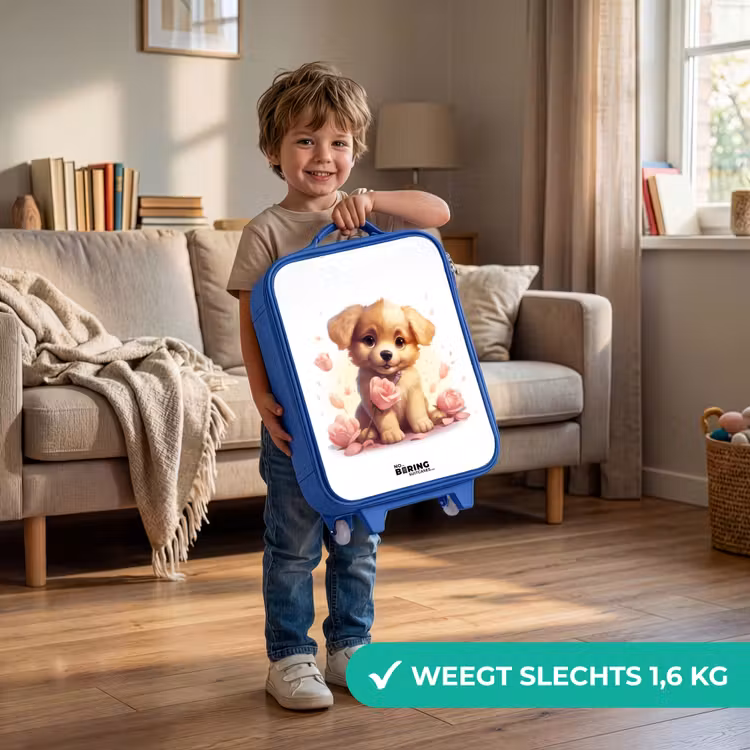 Kinderkoffer - Blauw - Puppy met roze bloemen — 2