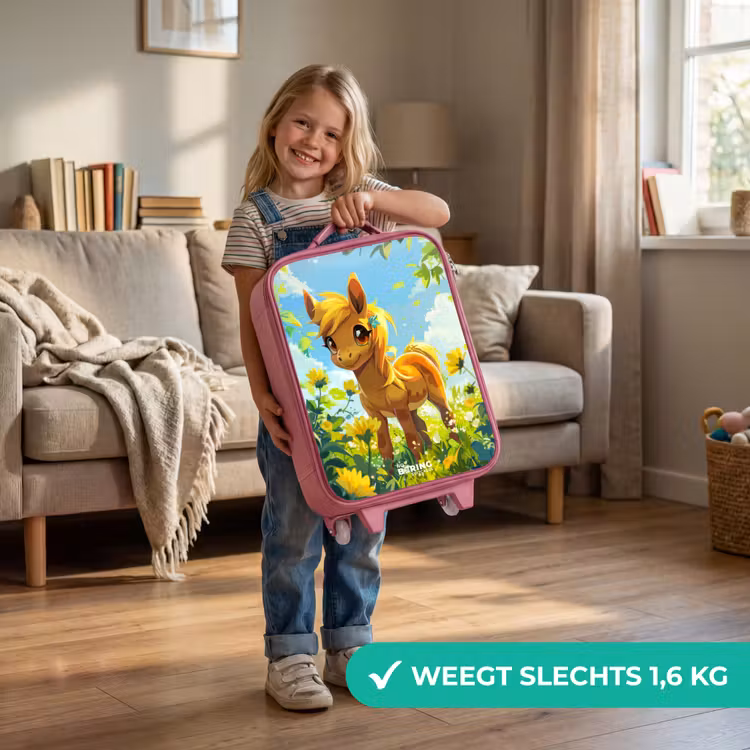 Kinderkoffer - Roze - Bruine pony tussen gele bloemen — 2