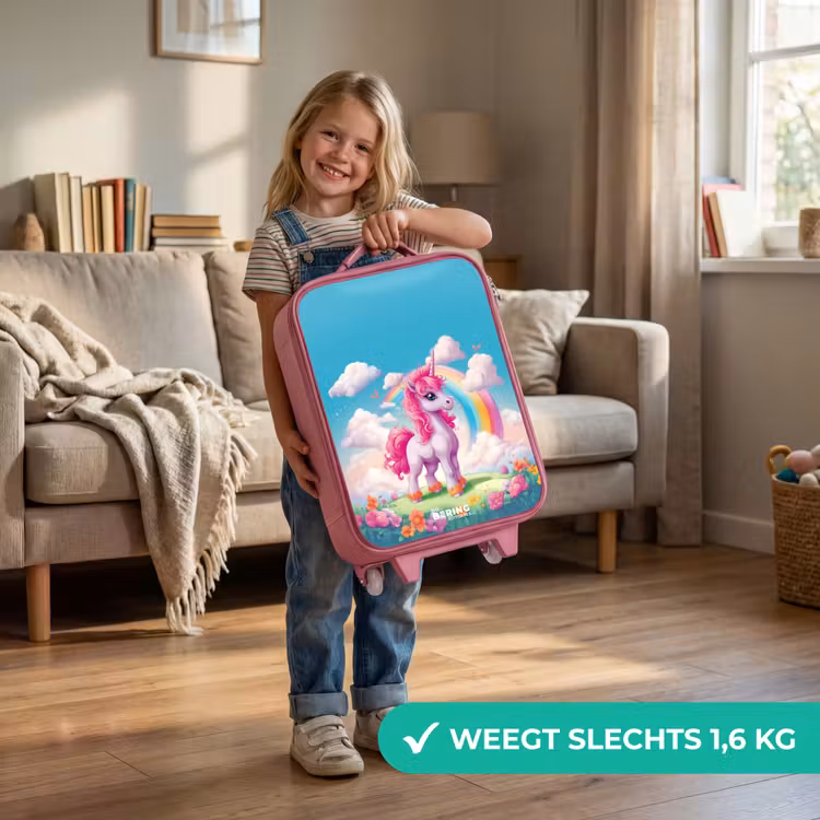 Kinderkoffer - Roze - Vrolijke eenhoorn bij een regenboog — 2