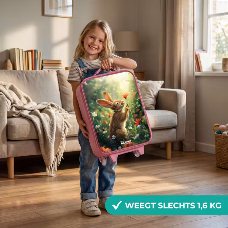 Kinderkoffer - Roze - Zijnaanzicht van een konijn met rode bloem — 2
