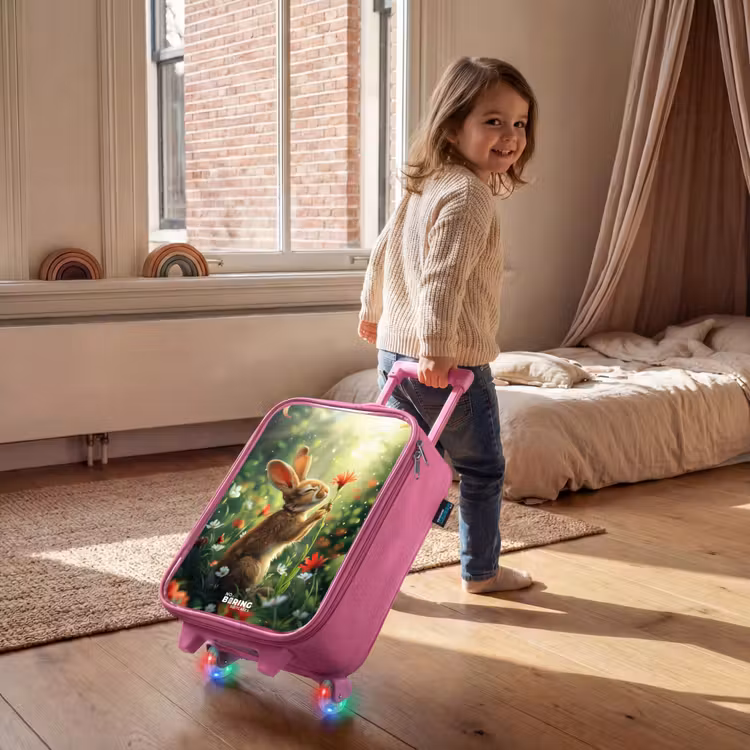 Kinderkoffer - Roze - Zijnaanzicht van een konijn met rode bloem — 3