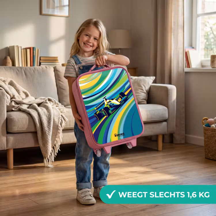 Kinderkoffer - Roze - Raceauto op gestreepte achtergrond — 2