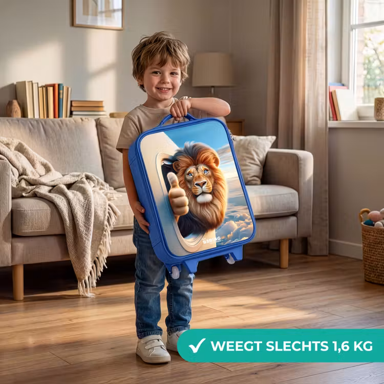 Kinderkoffer - Blauw - Leeuw uit een vliegtuigraam met zijn duim omhoog — 2