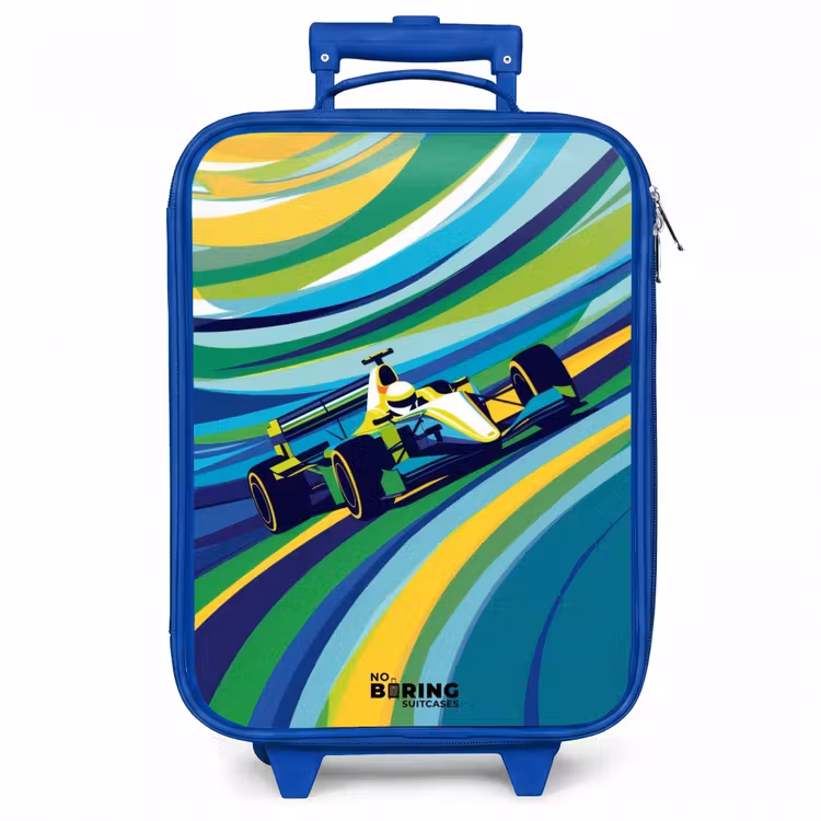 Kinderkoffer - Blauw - Raceauto op gestreepte achtergrond — 1
