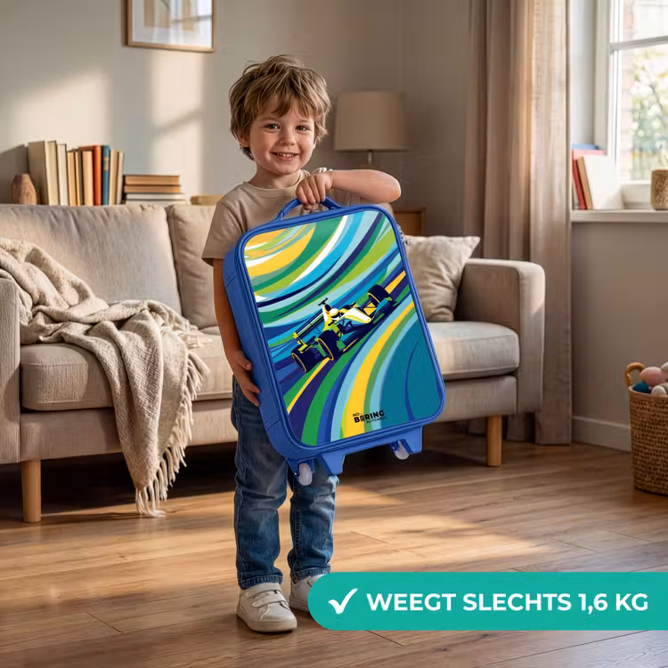 Kinderkoffer - Blauw - Raceauto op gestreepte achtergrond — 2