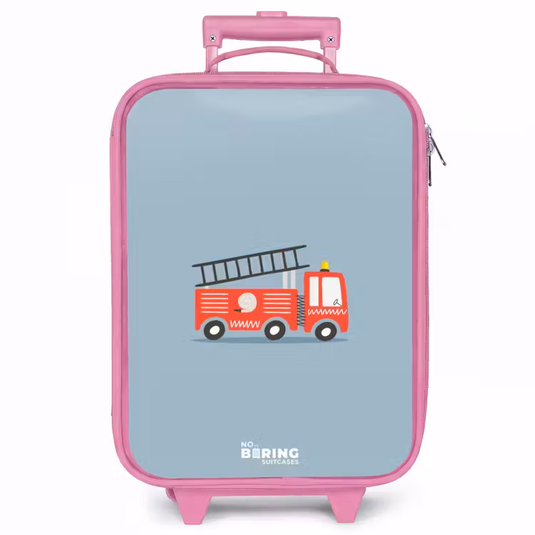 Kinderkoffer - Roze - Brandweerauto blauwe achtergrond — 1