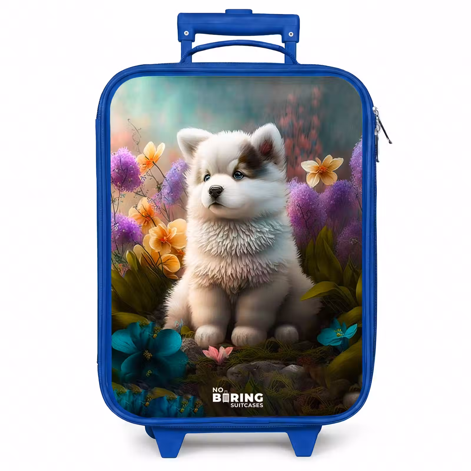 Kinderkoffer - Blauw - Witte puppy in een bloemenweide — 1