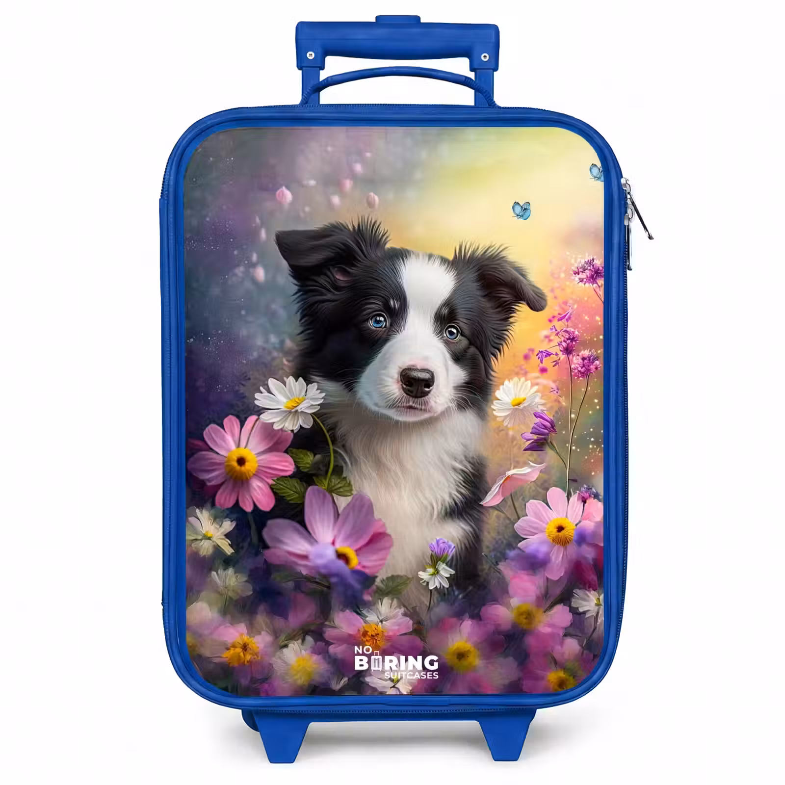 Kinderkoffer - Blauw - zwart witte puppy tussen kleurrijke bloemen — 1