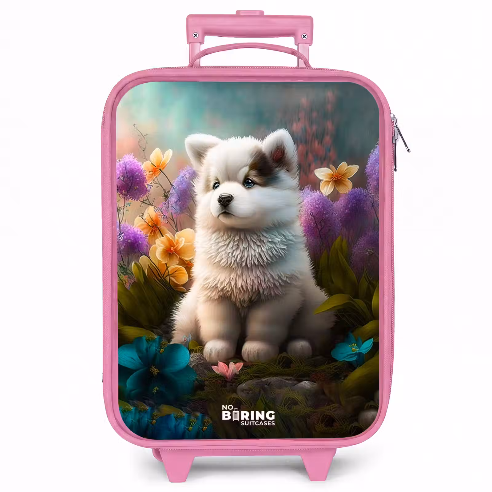 Kinderkoffer - Roze - Witte puppy in een bloemenweide — 1