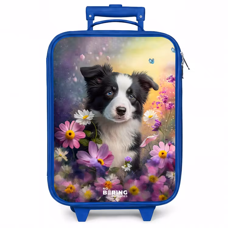 Kinderkoffer - Blauw - zwart witte puppy tussen kleurrijke bloemen — 1
