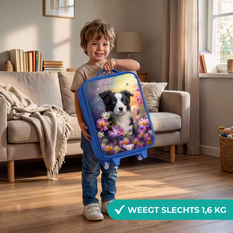Kinderkoffer - Blauw - zwart witte puppy tussen kleurrijke bloemen — 2