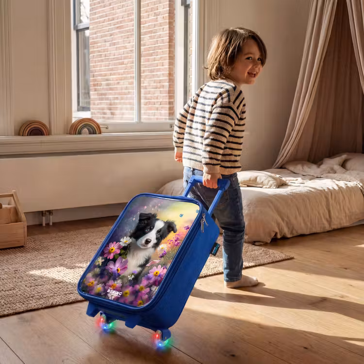 Kinderkoffer - Blauw - zwart witte puppy tussen kleurrijke bloemen — 3
