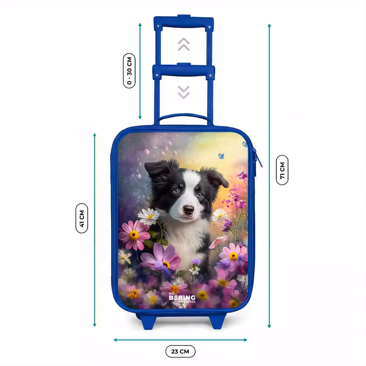 Kinderkoffer - Blauw - zwart witte puppy tussen kleurrijke bloemen — 6