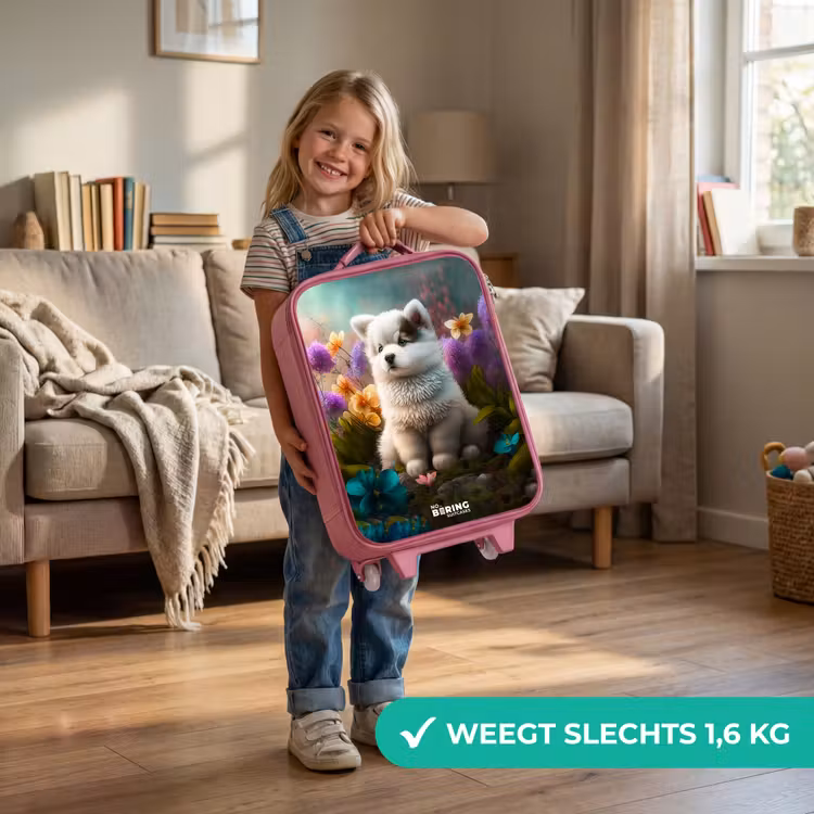 Kinderkoffer - Roze - Witte puppy in een bloemenweide — 2