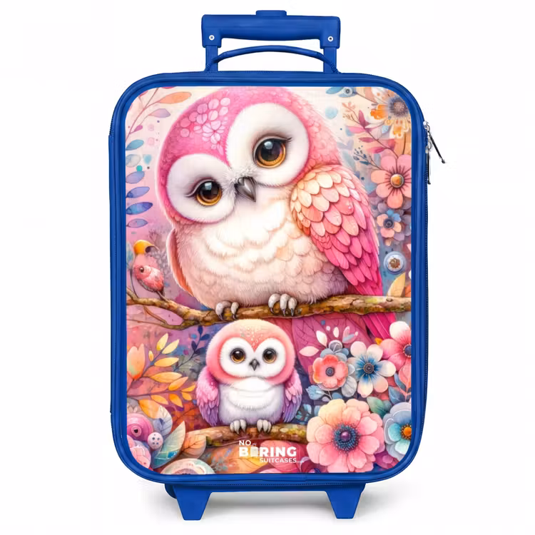 Kinderkoffer - Blauw - Moeder uil met kuiken tussen kleurrijke bloemen — 1