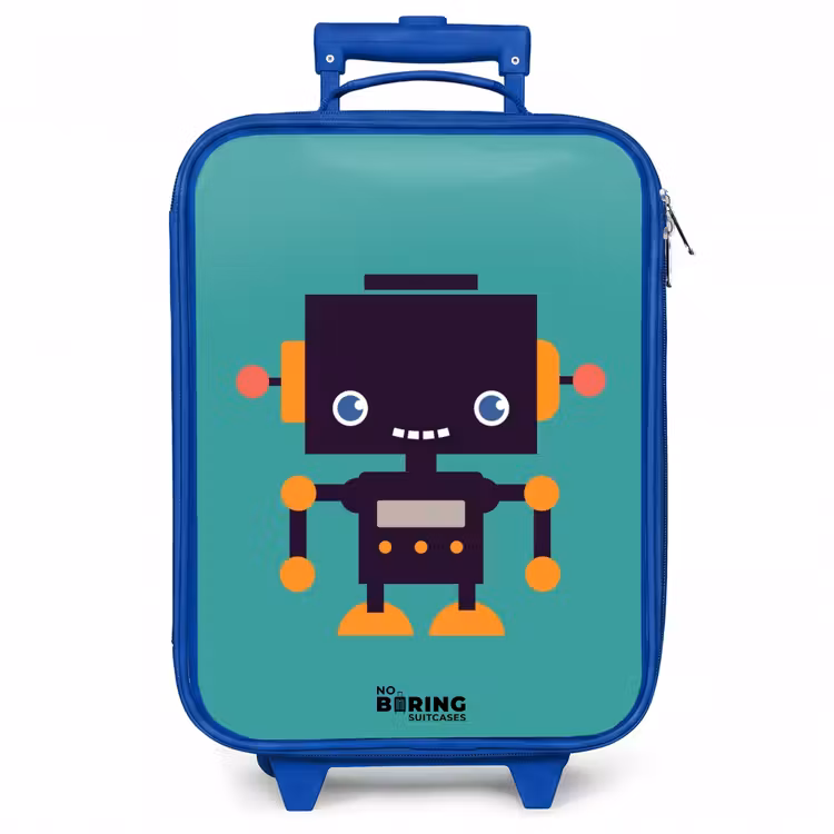 Kinderkoffer - Blauw - Zwarte robot met oranje accenten op een blauwe achtergrond — 1