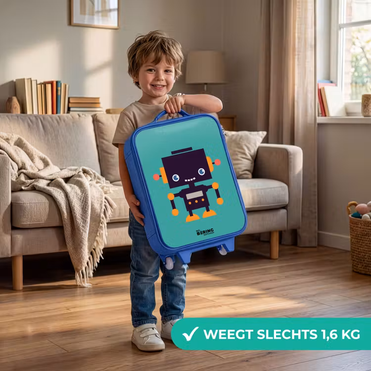 Kinderkoffer - Blauw - Zwarte robot met oranje accenten op een blauwe achtergrond — 2