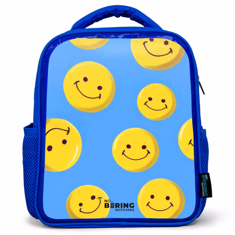 Kinderrugzak met naam - Blauw - Vrolijke smileyregen — 1