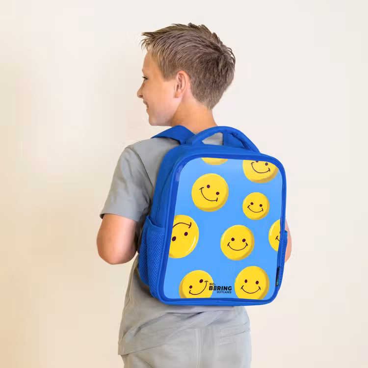 Kinderrugzak met naam - Blauw - Vrolijke smileyregen — 3