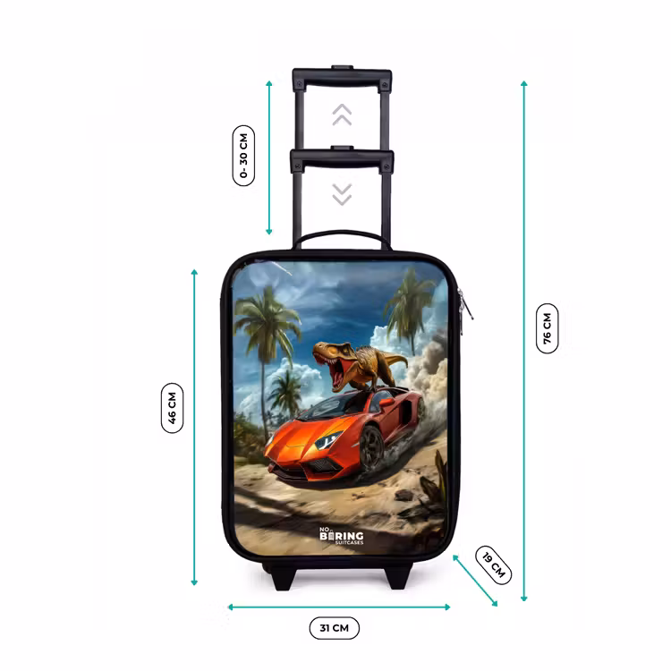 Kinderkoffer - Rode sportauto met dino raast door tropisch strand — 6