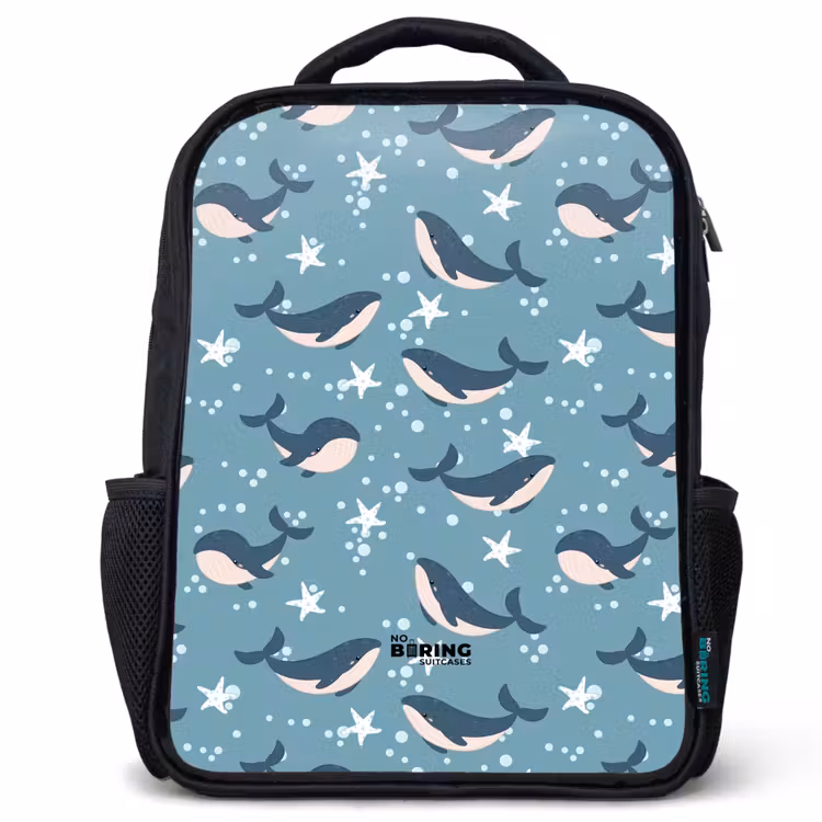 Kinderrugzak - Zwart - Walvissen met zeesterren patroon blauw — 1