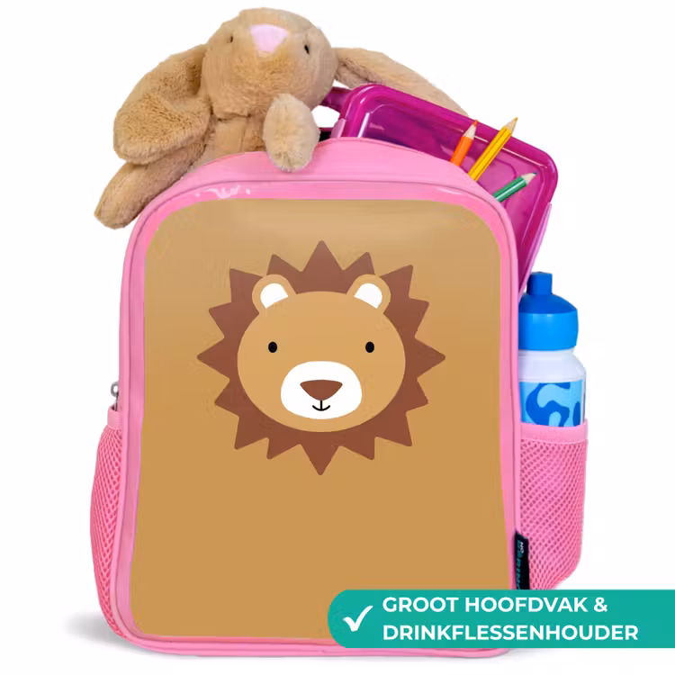 Kinderrugzak - Roze - Dierenportret - Leeuw - Bruin — 2