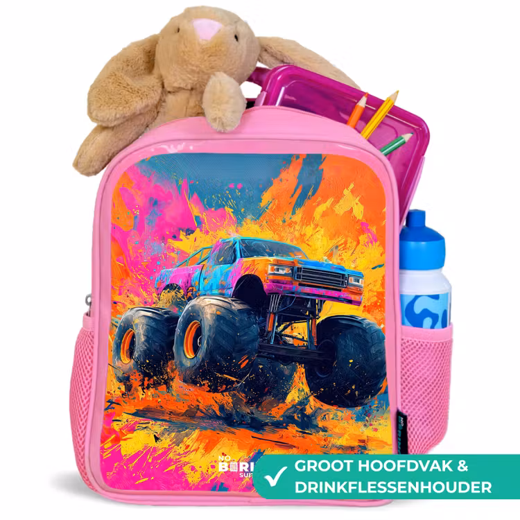 Kinderrugzak - Roze - Monstertruck - Verfspatten - Kleurrijk - Explosie — 2