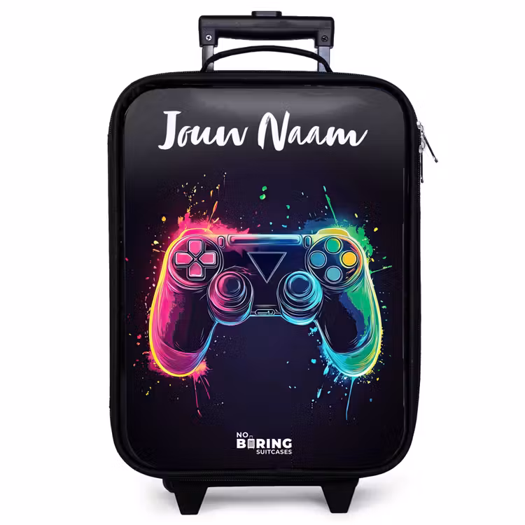 Kinderkoffer met naam - Zwart - Neon - Controller - Verfspatten - Game — 1
