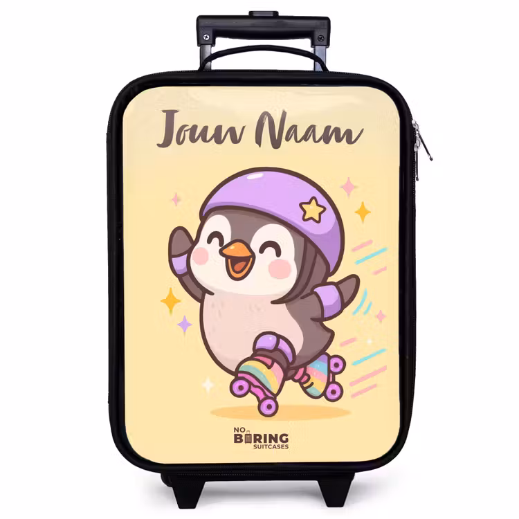Kinderkoffer met naam - Zwart - Kawai - Pinguin - Rolschaatsen — 1
