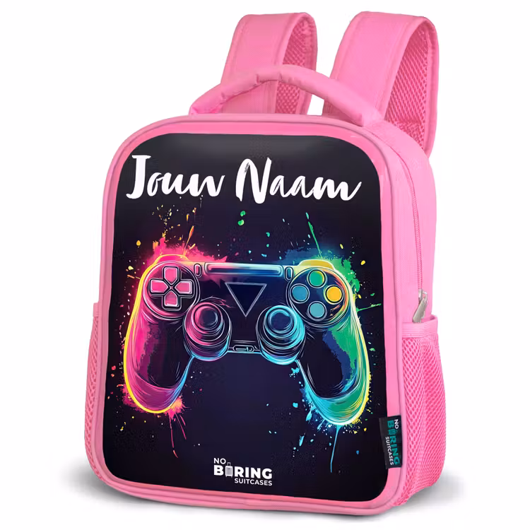 Kinderrugzak met naam - Roze - Neon - Controller - Verfspatten - Game — 6