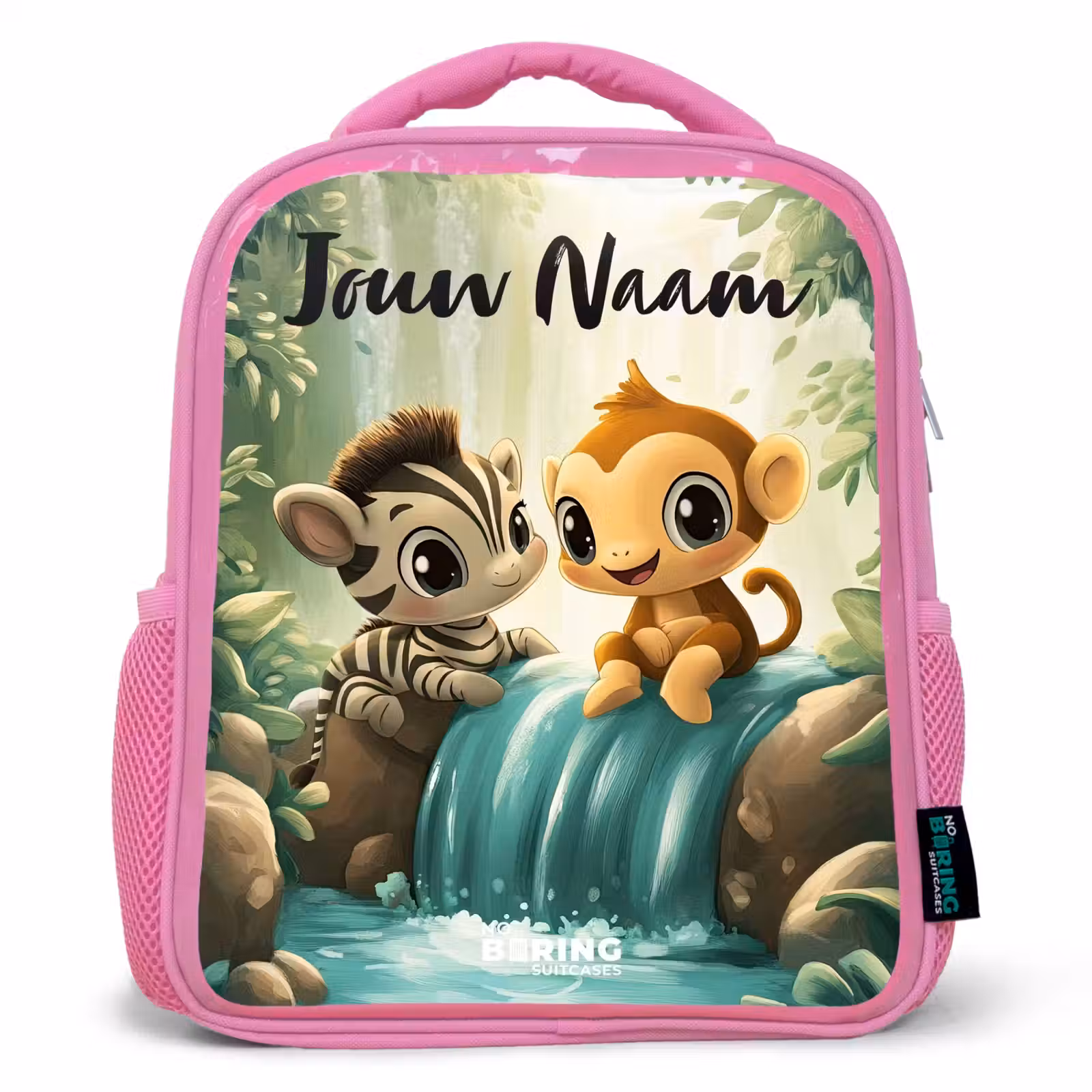 Kinderrugzak met naam - Roze - Zebra - Aapje - Waterval - Rotsen — 1