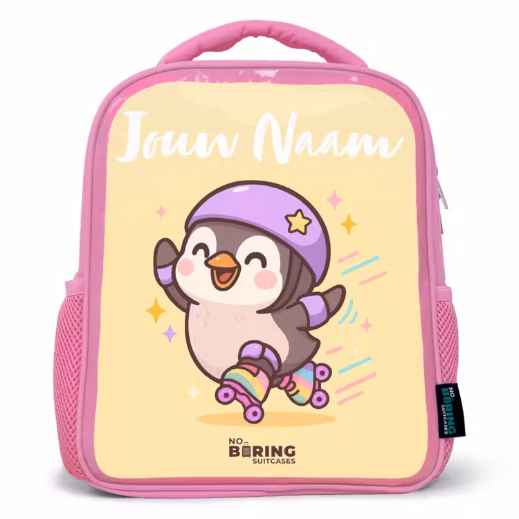 Kinderrugzak met naam - Roze - Kawai - Pinguin - Rolschaatsen — 1