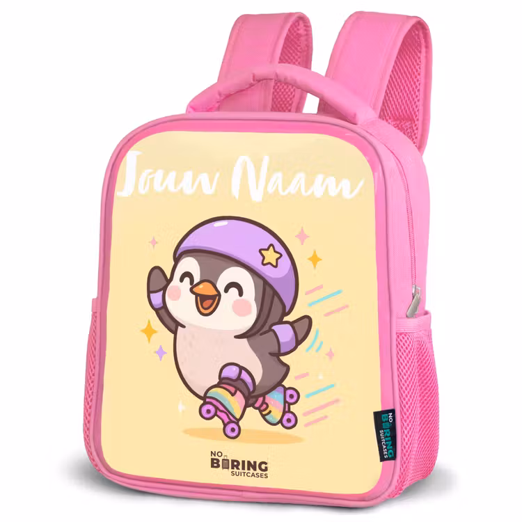 Kinderrugzak met naam - Roze - Kawai - Pinguin - Rolschaatsen — 6