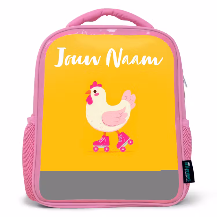 Kinderrugzak met naam - Roze - Kip - Rolschaatsen - Geel — 1