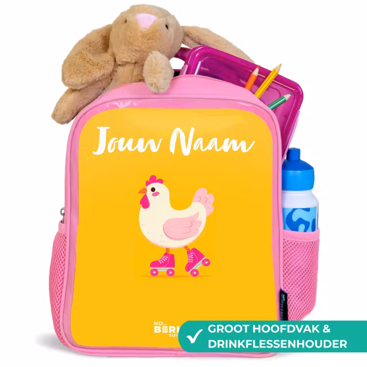 Kinderrugzak met naam - Roze - Kip - Rolschaatsen - Geel — 2