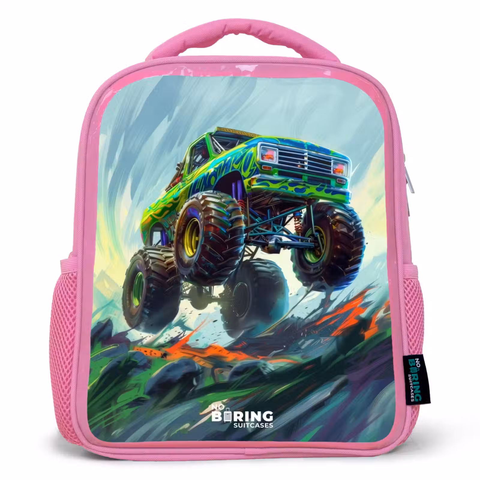 Kinderrugzak - Roze - Groene Monstertruck met Penseelstreken — 1