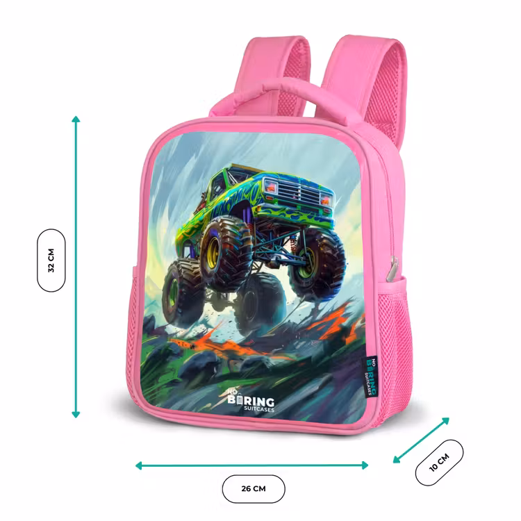 Kinderrugzak - Roze - Groene Monstertruck met Penseelstreken — 3