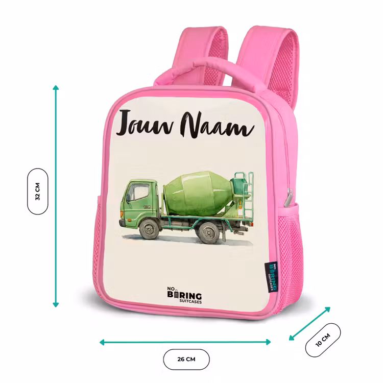 Kinderrugzak met naam - Roze - Betonmixer - Getekend - Groen — 3