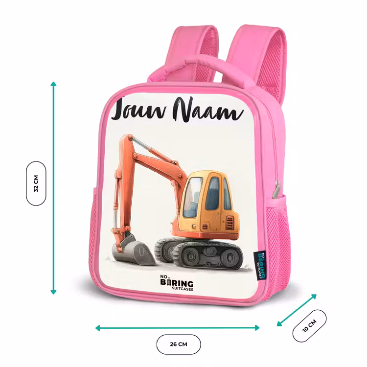 Kinderrugzak met naam - Roze - Graafmachine - Getekend - Oranje — 3