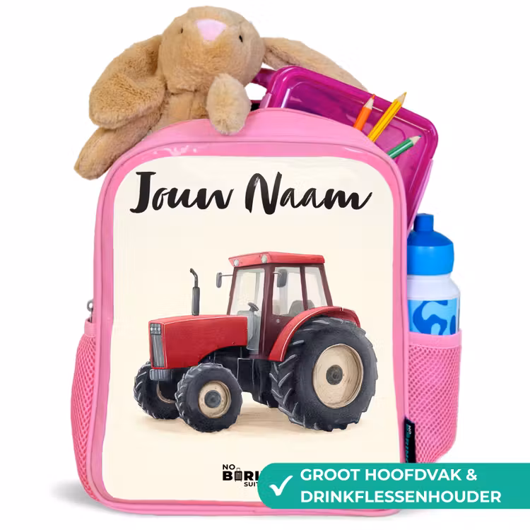 Kinderrugzak met naam - Roze - Tractor - Getekend - Rood — 2