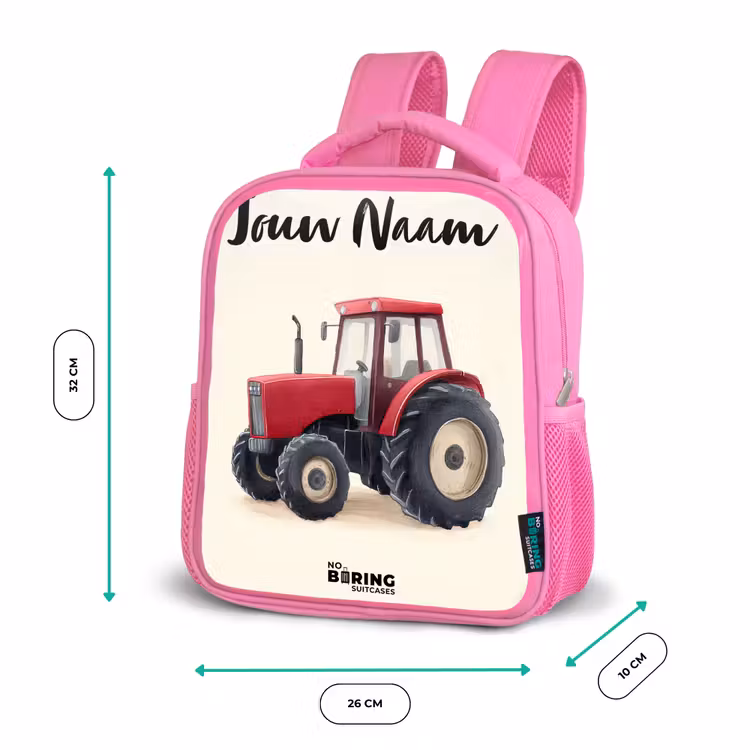 Kinderrugzak met naam - Roze - Tractor - Getekend - Rood — 3