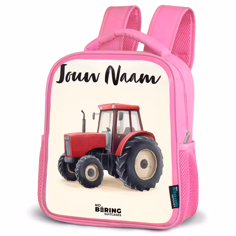 Kinderrugzak met naam - Roze - Tractor - Getekend - Rood — 6