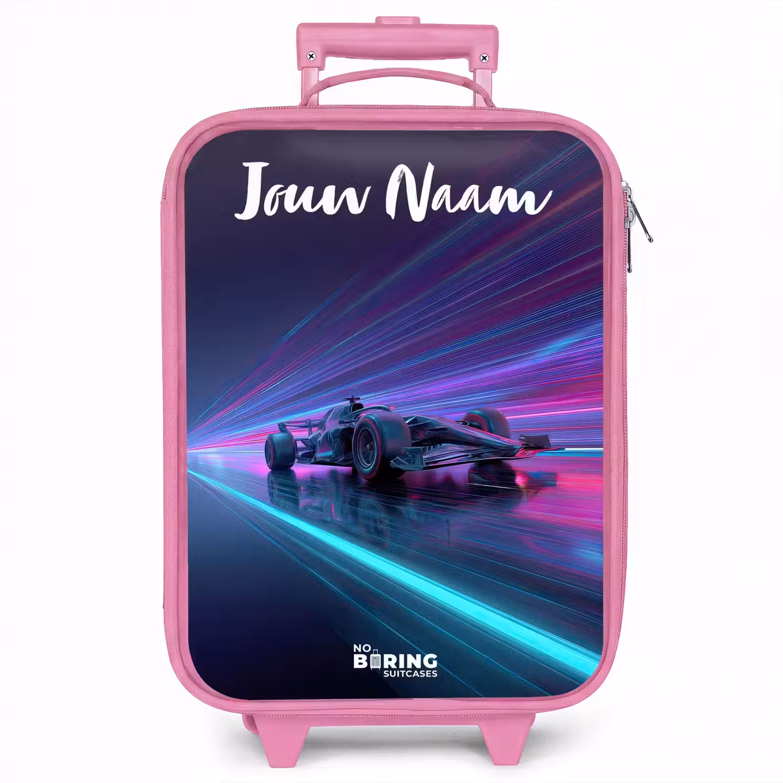 Kinderkoffer met naam - Roze - Lichtstralen - Neon - Racewagen - Paars — 1