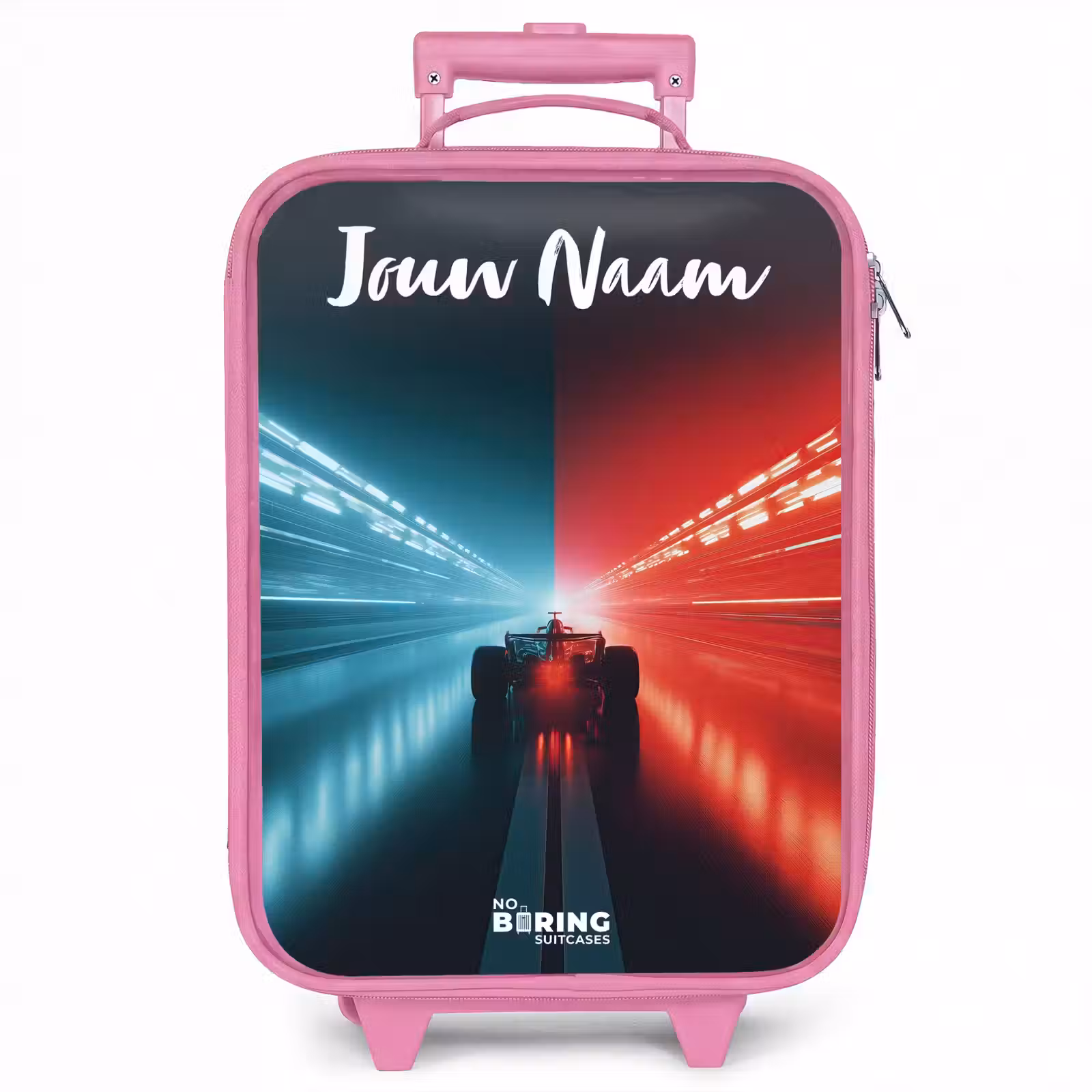 Kinderkoffer met naam - Roze - Raceauto - Verlichting - Neon - Rood — 1