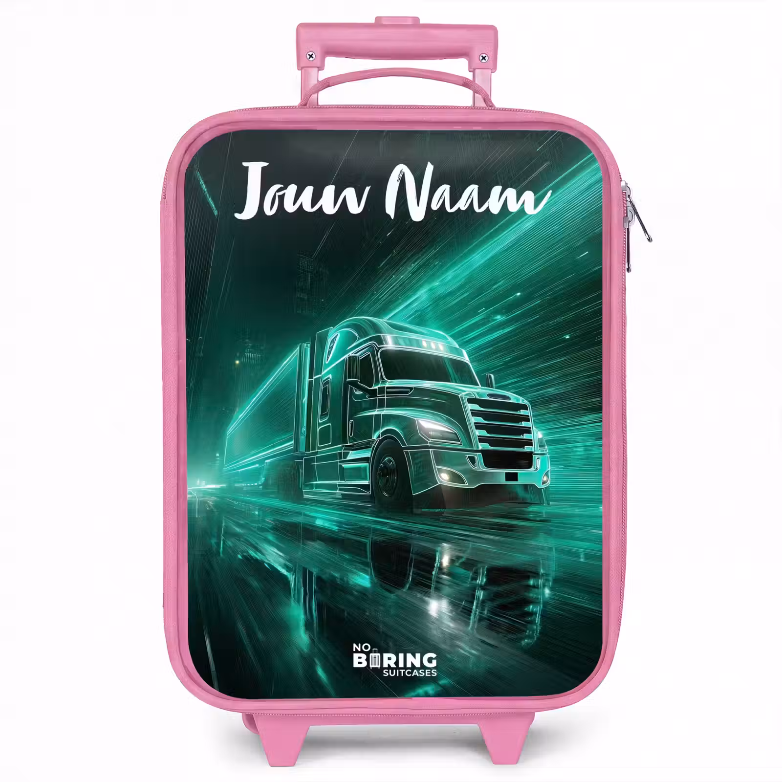 Kinderkoffer met naam - Roze - Vrachtwagen - Stad - Groen - Neon — 1