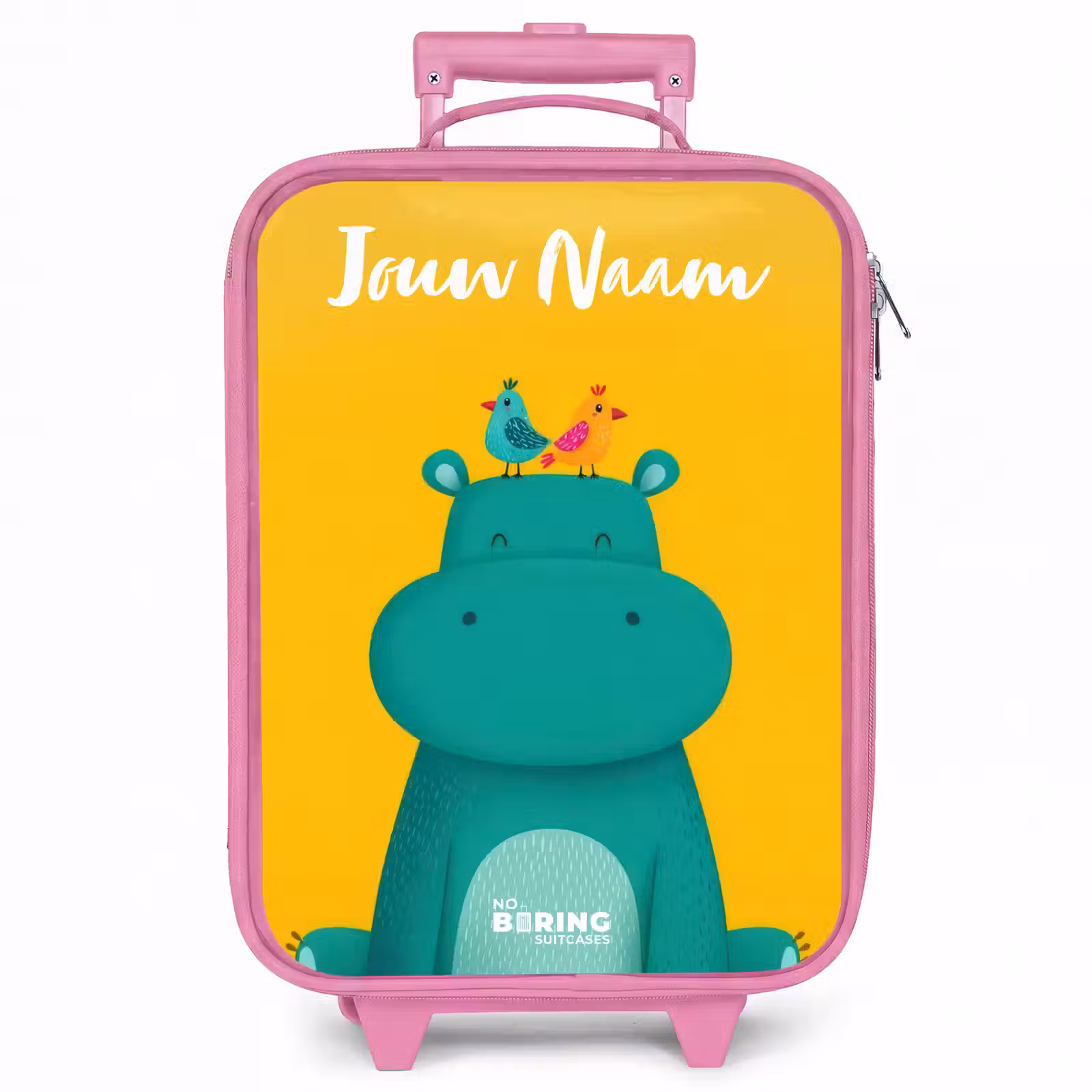 Kinderkoffer met naam - Roze - Nijlpaard - Vogels - Geel — 1