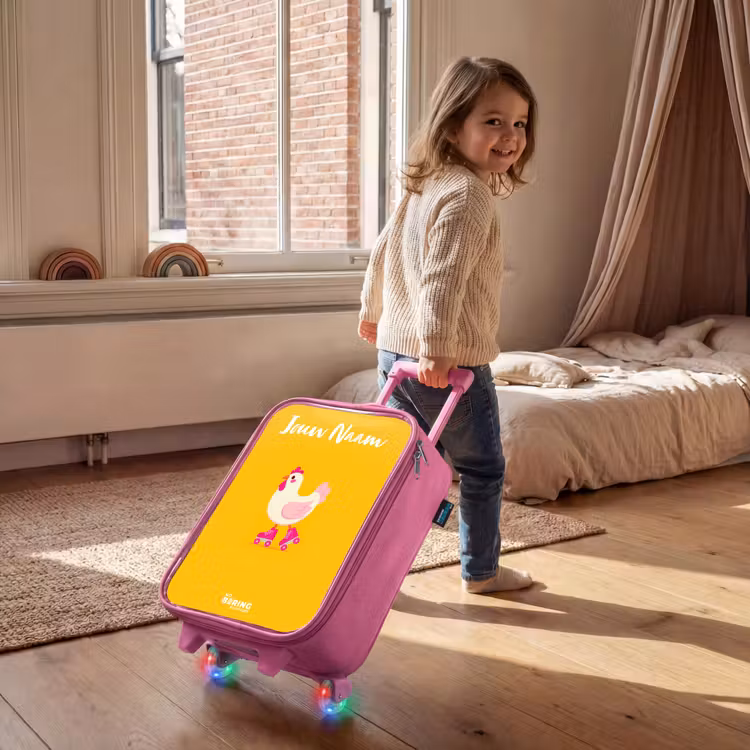 Kinderkoffer met naam - Roze - Kip - Rolschaatsen - Geel — 3